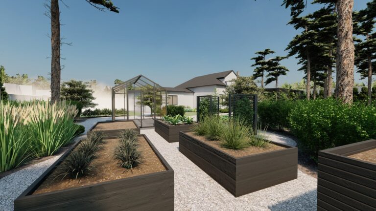 trawy ozdobne (w tym miskanty) tworzą naturalne obramowanie dla skrzyń z warzywami, integrując je z resztą ogrodu